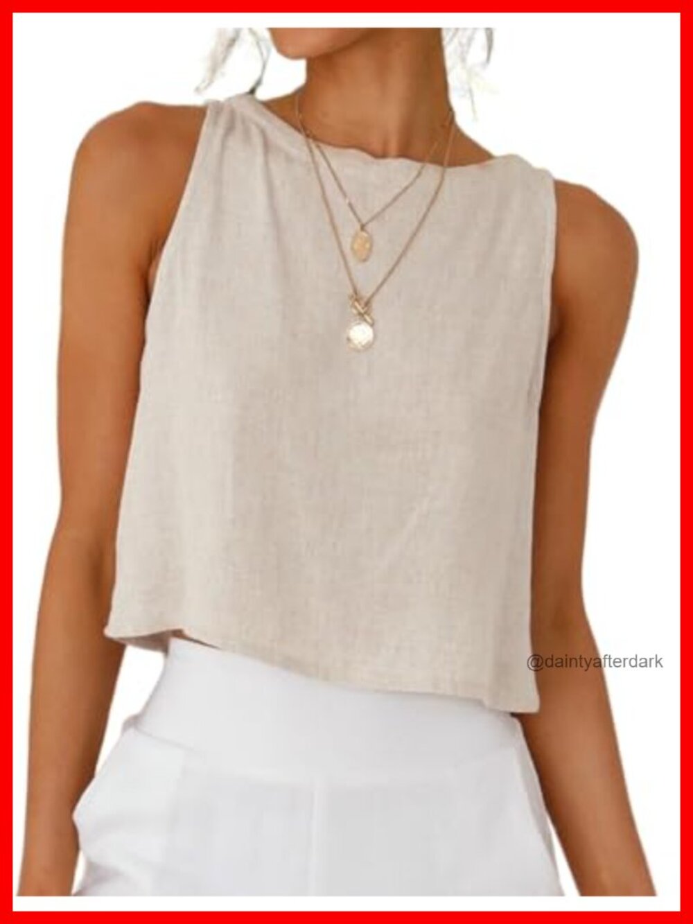 Womens Linen Blend Crop Tank Top Sleeveless High Neck Casual Summer